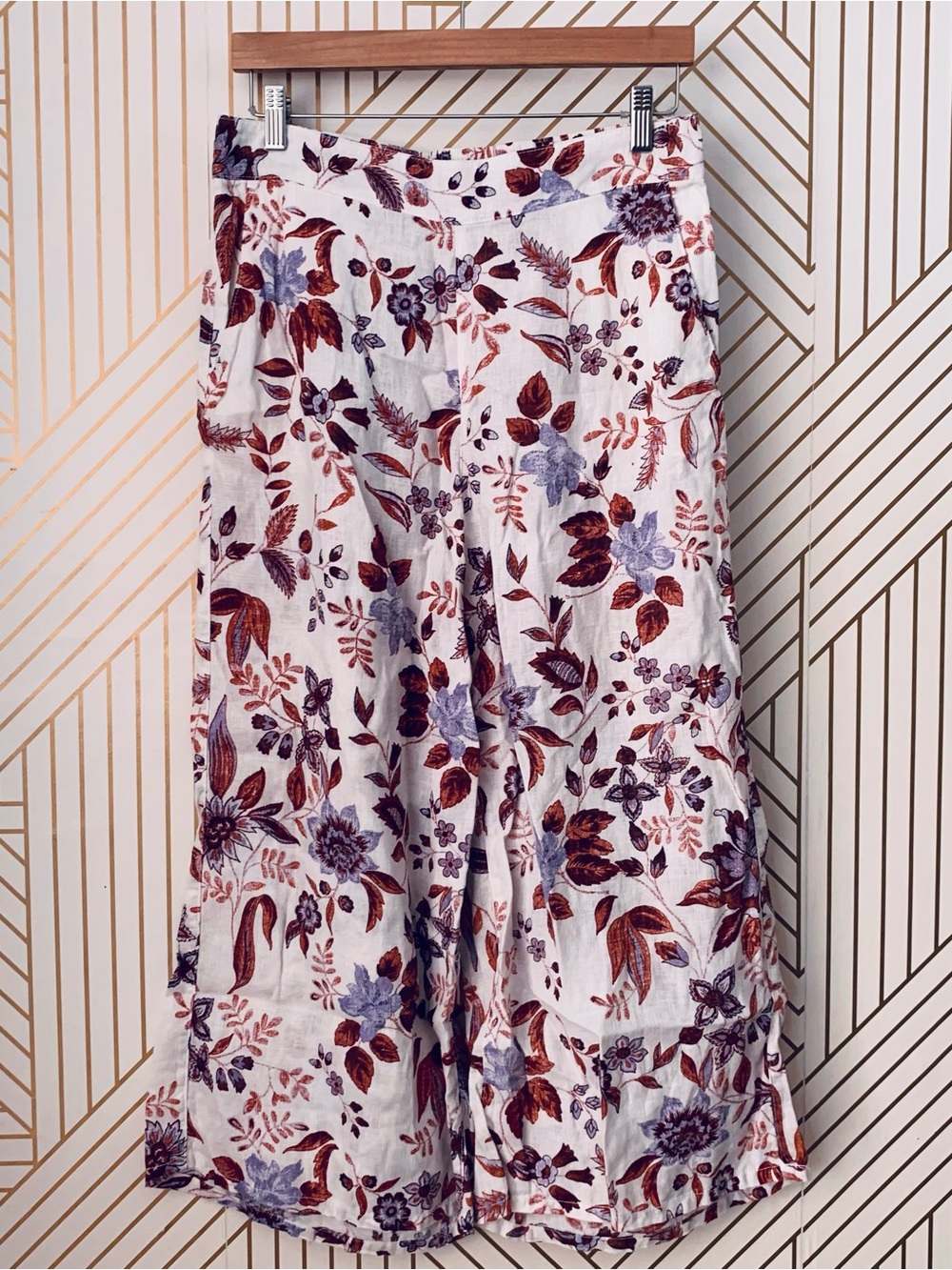 Rachel Zoe 100% Linen Floral Wide Leg trouser Pants lagenlook coastal beach L